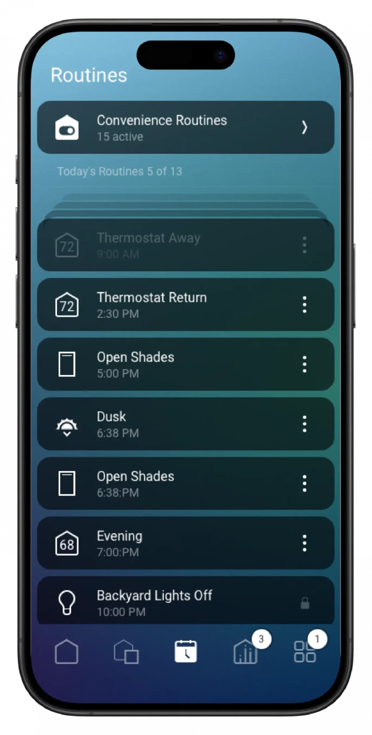 Control4 smart home app showing routines and schedules